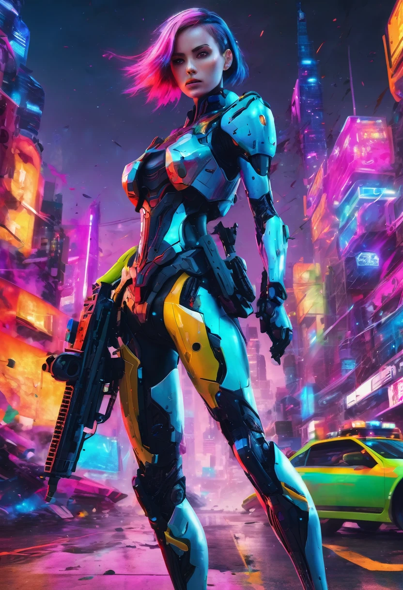 A futuristic android woman holding a large gun, standing in front of a chaotic and vibrant cityscape, with vivid colors and a sense of confusion and turmoil.