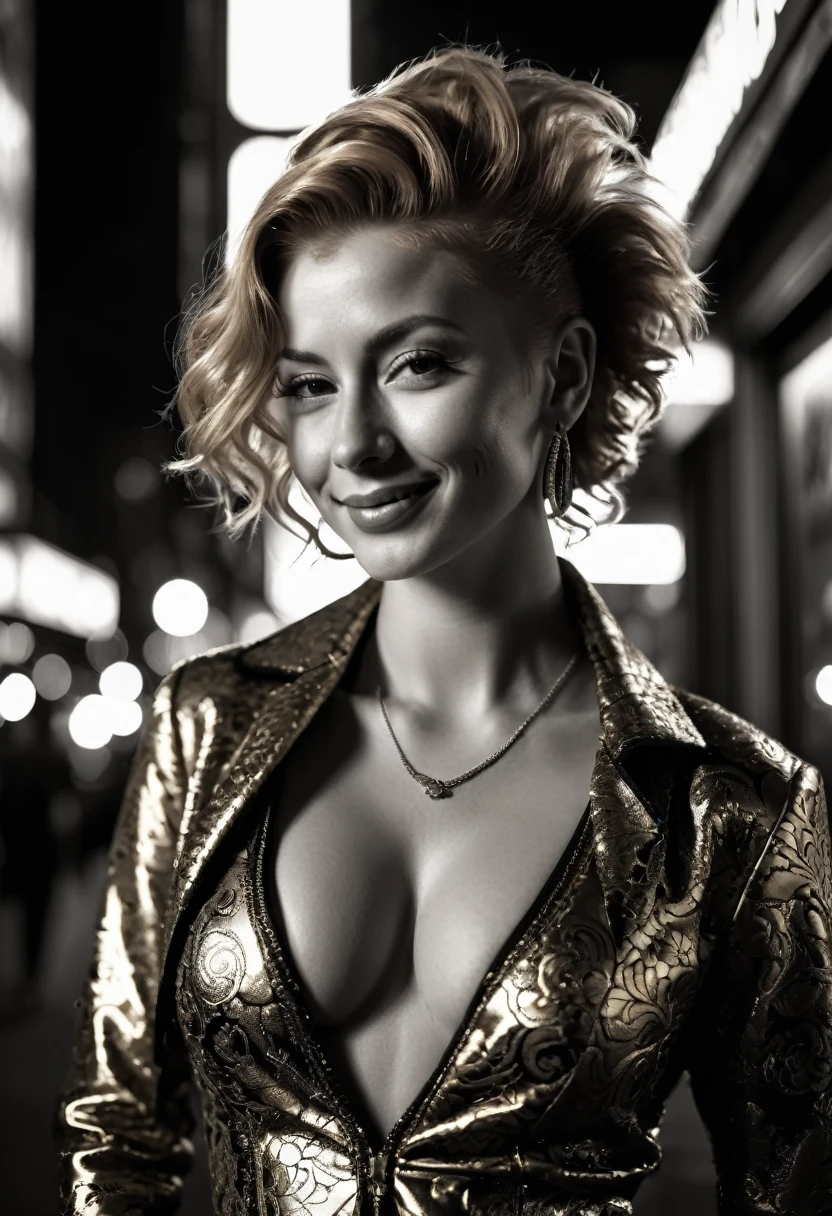 Ultra detailed, intricate detail, cinematic photo. intense backlight. Chiaroscuro. Beautiful face, intricate. Night in new york. Black and white, b&w, golden hour.
Award winning monochromatic photograph in extreme low angle full body portrait of shy smile, playful, strong Beautiful punk rock woman in very ornate tight golden suit, ,. Posing smiling. Undercut, shaved redhead.
Caravaggio style. Vermeer, Goya, Caravaggio. Cleavage