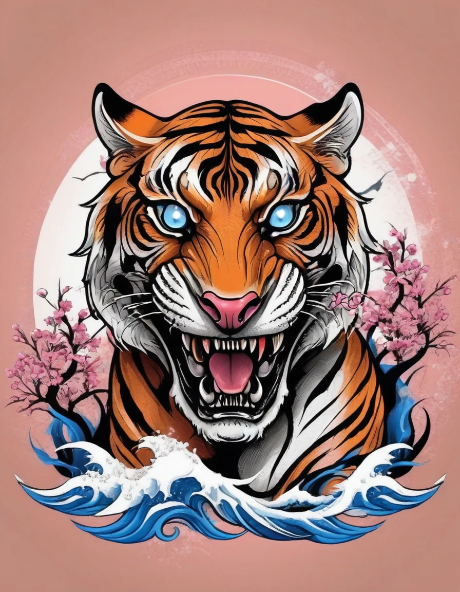 realistic tattoo art of Orange tiger with (((Blue eyes))) with pink sakura petal effect ,he is with open mouth looking very fierce and angry, the background is Japanese wave tattoo, (Unity 16K Wallpaper, masterpiece, Best Quality, high quality, Ultra-detailed, extremely details), a tattoo design, realistic tattoo art of Orange tiger with (((Blue eyes))) with pink sakura petal effect ,he is with open mouth looking very fierce and angry, the background is Japanese wave tattoo,
