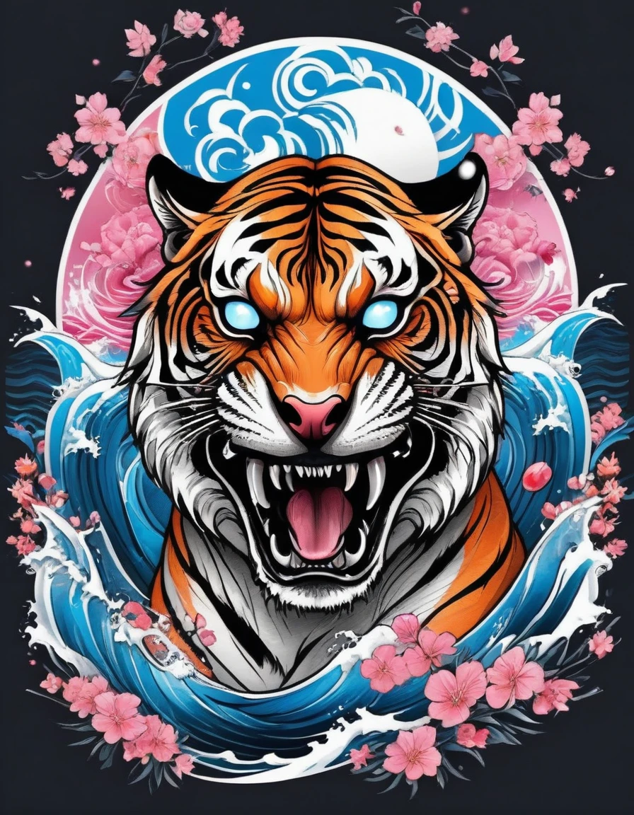 realistic tattoo art of Orange tiger with (((Blue eyes))) with pink sakura petal effect ,he is with open mouth looking very fierce and angry, the background is Japanese wave tattoo, (Unity 16K Wallpaper, masterpiece, Best Quality, high quality, Ultra-detailed, extremely details), a tattoo design, realistic tattoo art of Orange tiger with (((Blue eyes))) with pink sakura petal effect ,he is with open mouth looking very fierce and angry, the background is Japanese wave tattoo,