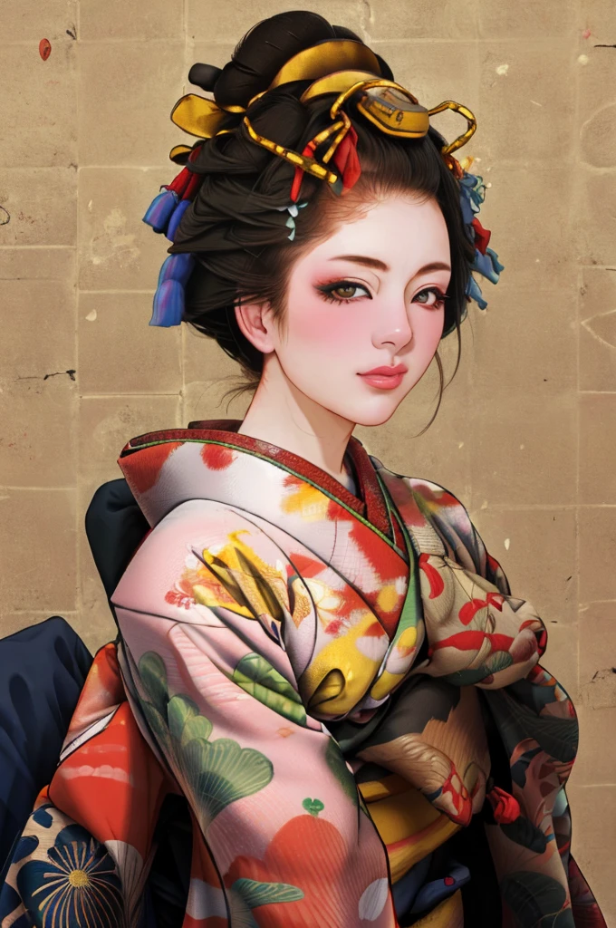 1 Girl, alone, Oiran, Maiko, country, Looking at the audience, short hair, Brown eyes, Brown Hair, Black Hair, hair ornaments, Upper Body, kimono, Blunt bangs, kimono, sash, Compensate, Bob cut hair,