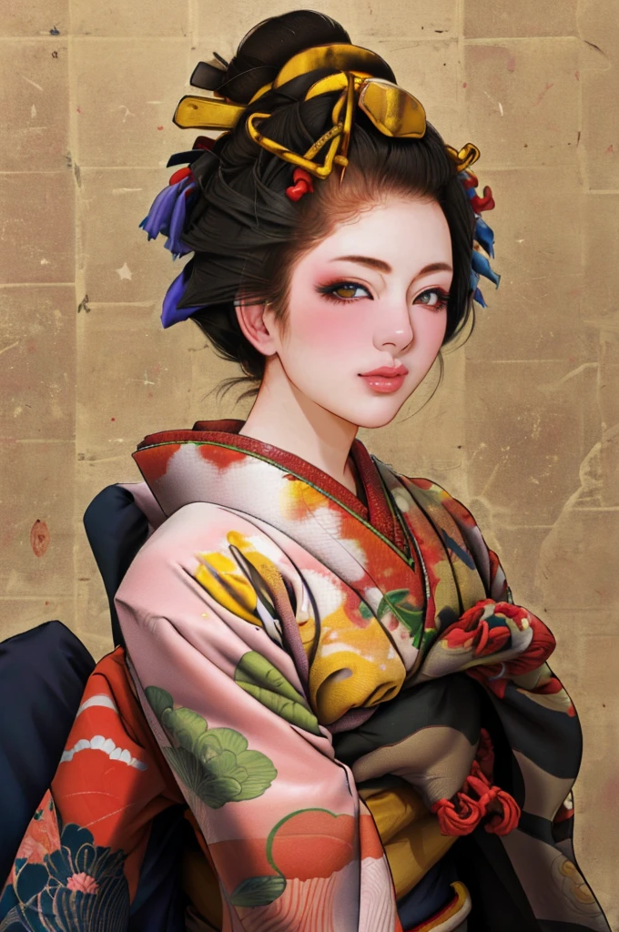 1 Girl, alone, Oiran, Maiko, country, Looking at the audience, short hair, Brown eyes, Brown Hair, Black Hair, hair ornaments, Upper Body, kimono, Blunt bangs, kimono, sash, Compensate, Bob cut hair,
