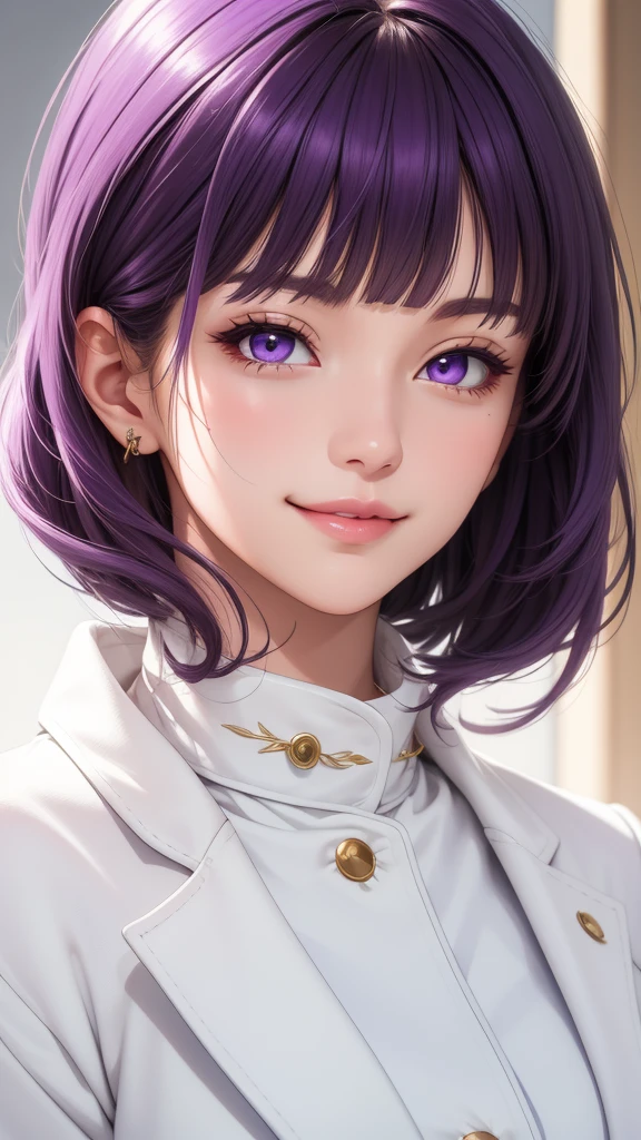 (masterpiece, best quality), intricate details, thin, ((slim)), beautiful girl, purple hair, blunt bangs, light purple eyes, sharp jawline, white coat, long hair, lips, upper body, close up, smirk