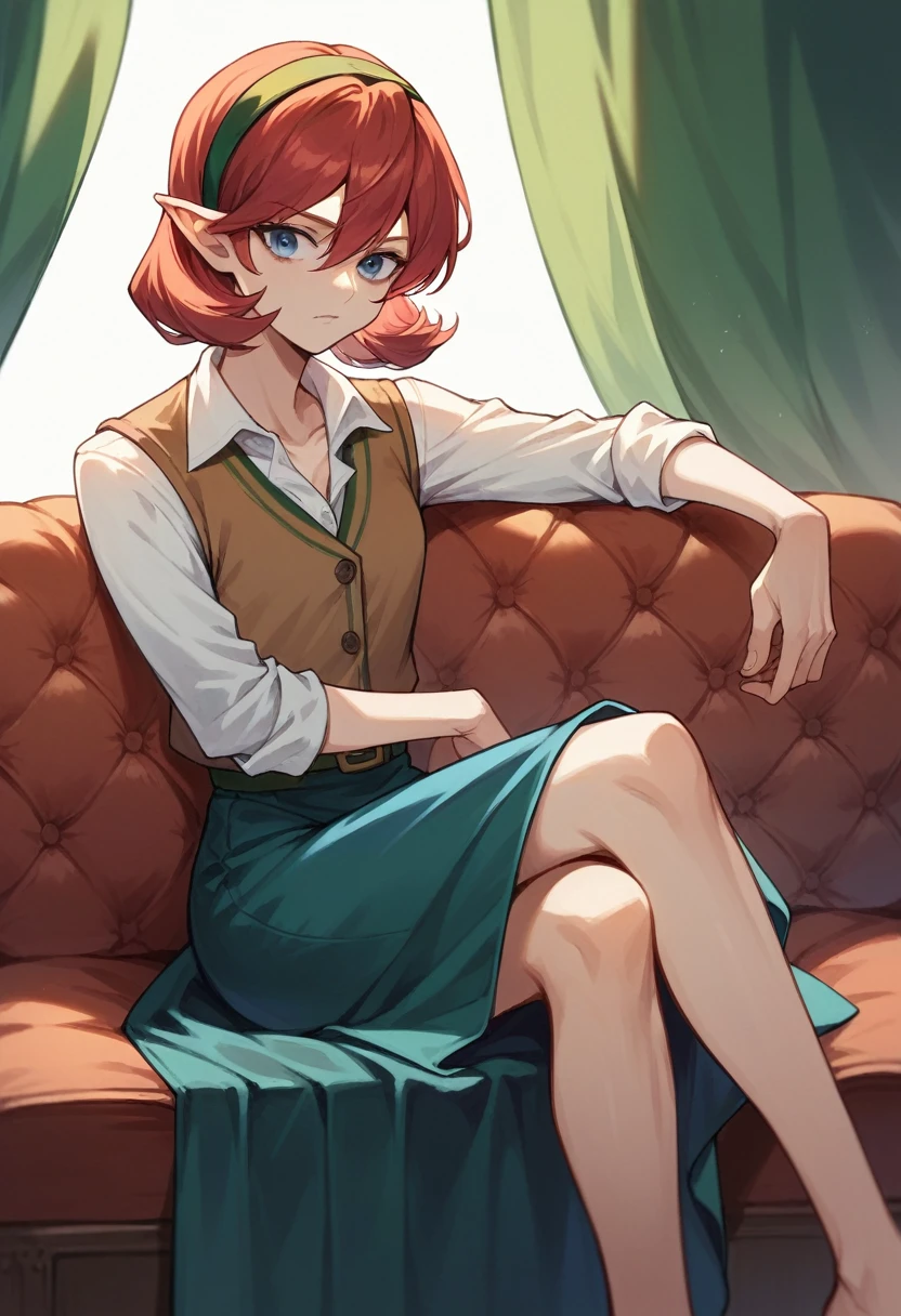 saria, sitting, crossed legs, couch, red hair, brown vest, bare chest, white sleeves, skinny, rolled up sleeves, blue skirt, leather brown vest, buttons vest, long skirt, bangs