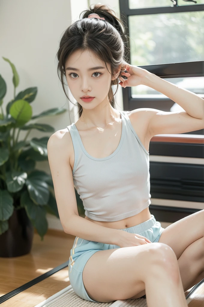 (((best quality))),(((ultra detailed))),(((masterpiece))),illustration,(1 beautiful girl,solo),((slim,thin)),((small breasts,flat chest)),(blush:1.5),summer afternoon,living room,sanctuary of tranquility,fitness,grace,(short ponytail:1.2),effortless elegance,((light blue yoga tank top,matching shorts)),youthful radiance,enchanting,inspiring,(sitting on treadmill:1.3),body drenched in perspiration,(sweat:1.5),dedication,inner strength,determination,composed,focused,eyes,lush potted plant,greenery,life,vitality,soft sunlight,warm patches of light,wooden floor,fragrant cookies,cozy ambiance,attire,functional,fashionable,comfort,flexibility,slender figure,curves,lightweight material,unrestricted movement,sneakers,feet,grip,treadmill's belt,propel,forward,serene expression,slight smile,lips,focused on horizon,visualizing goals,dreams,radiant beauty, comfortable clothing,determined spirit,captivating,inspiring image,essence of summertime fitness,self-care,((from front,upper body))