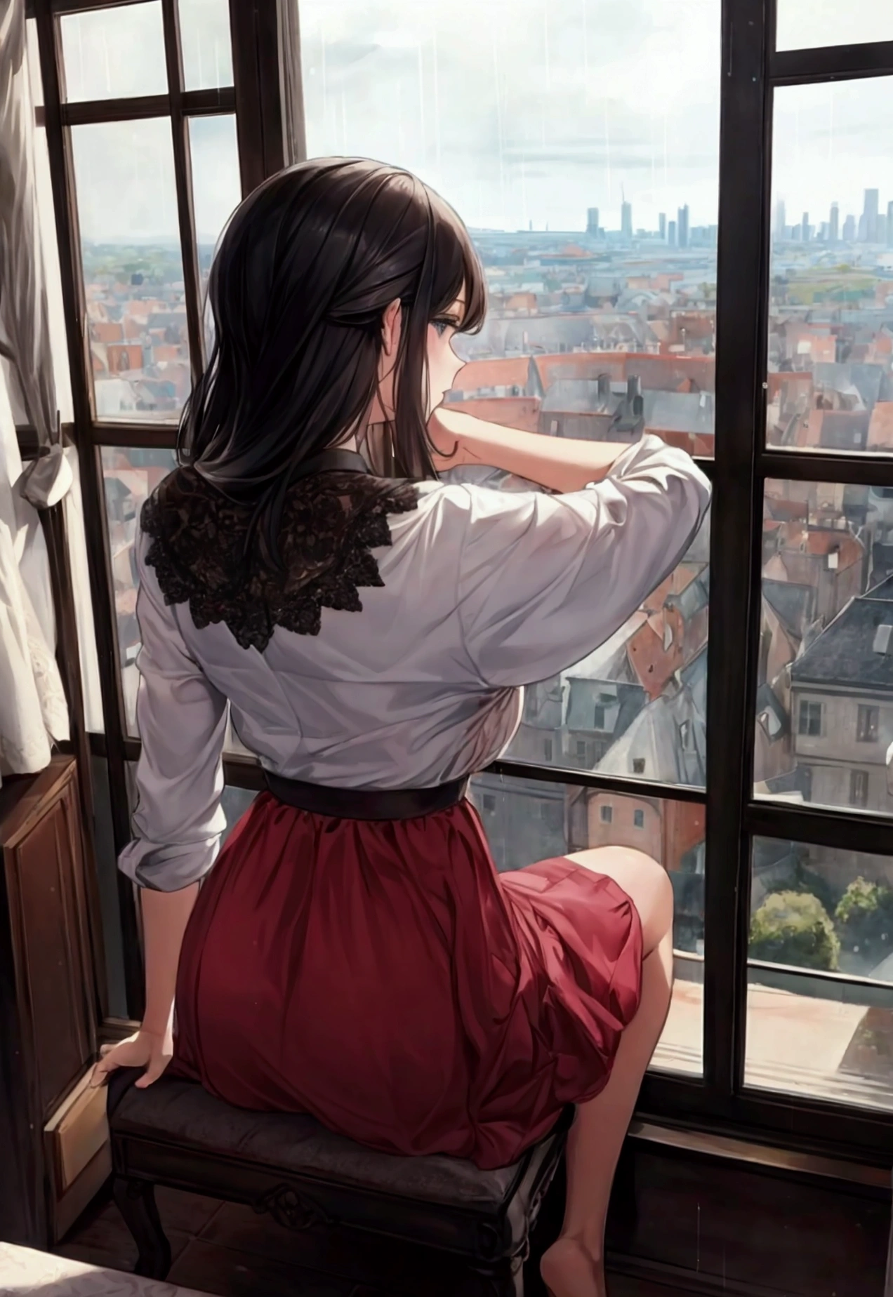 You're sitting on the sofa looking out the window at the city, outside the window it's raining, painting by Louis Hercent, tumbler, arabesque, great view, view from behind, looking from behind, seen from behind, shot from behind, great view, magnificent view, from behind, wonderful view, behindfrom behind, nice view, view from behind, viewed from behind