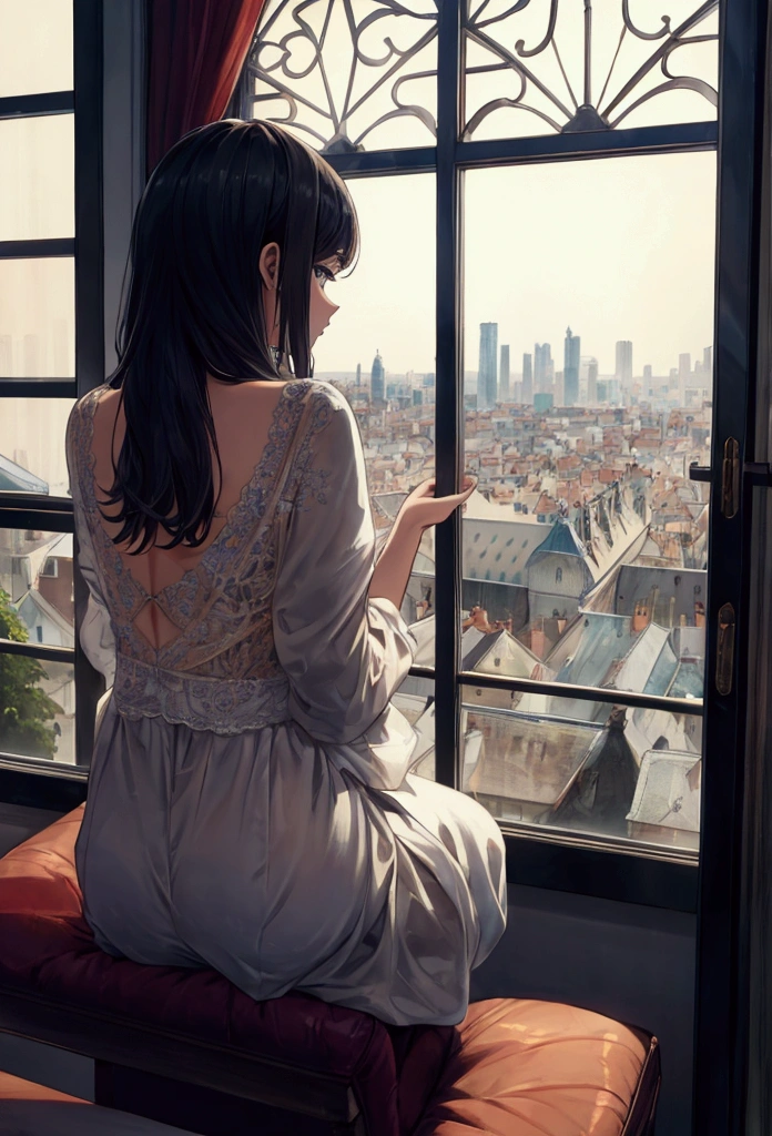 You're sitting on the sofa looking out the window at the city, outside the window it's raining, painting by Louis Hercent, tumbler, arabesque, great view, view from behind, looking from behind, seen from behind, shot from behind, great view, magnificent view, from behind, wonderful view, behindfrom behind, nice view, view from behind, viewed from behind