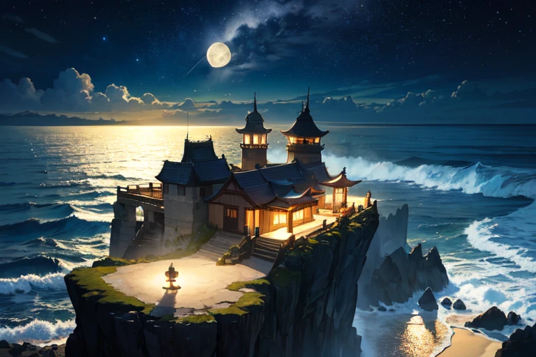 ((Overlooking)) , ((秘的なnightの島)), ((Helicopter shot)), (island),
mysterious, night, full moon, starlight, Quiet Sea, Blue light, Island silhouette, Wave, Fantasy, Blue Mist, (Ancient stone carvings), Shining Water Surface, light in the darkness