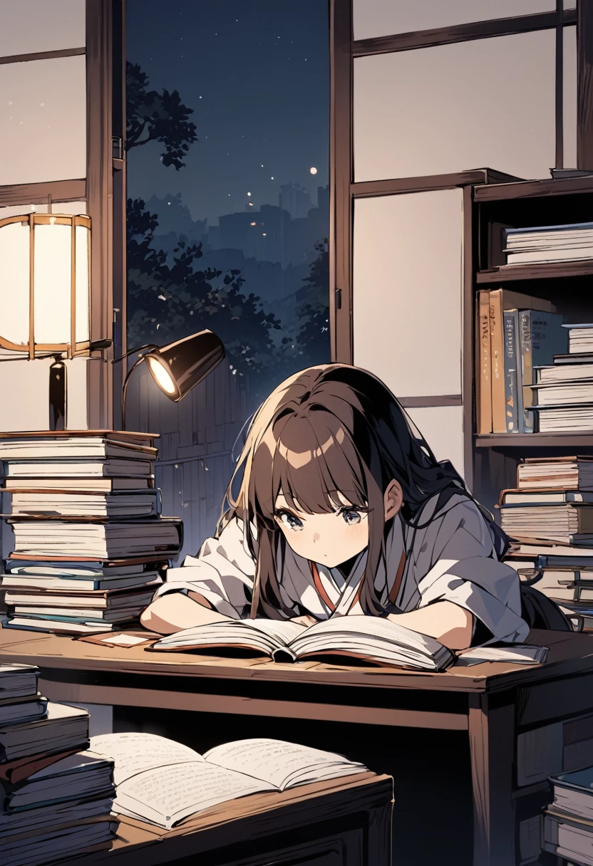 Japanese anime style,a girl,There is a whisper outside at night,The girl quietly keeps reading hard at the desk,The desk is filled with many reference books,There is a lamp on the desk