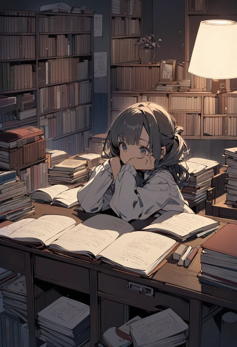 Japanese anime style，a girl，There is a whisper outside at night，The girl quietly keeps reading hard at the desk，The desk is filled with many reference books，There is a lamp on the desk