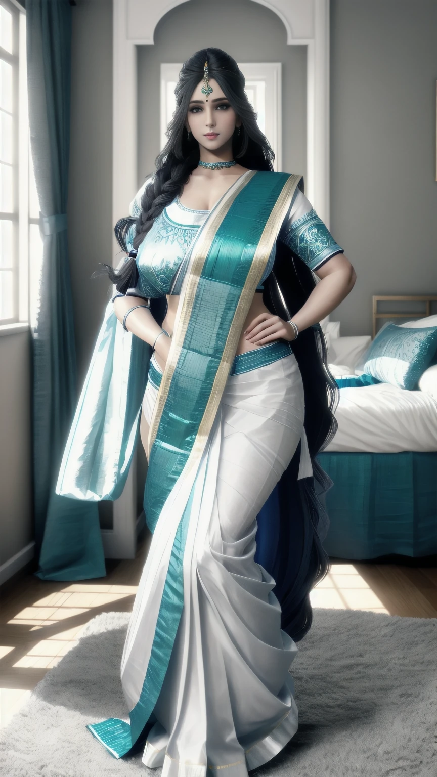 There is a indian white woman wearing blue sari in a bedroom, foggy, full body, perfect straight pose, cinematic, winter, detailed face, detailed body, symmetric face, detailed background, big eyes, traditional, gorgeous, cute, long braid hair, innocent face, photorealistic, ultra quality, volumetric lighting, god rays, bedroom scenary shadow, masterpiece, 8k