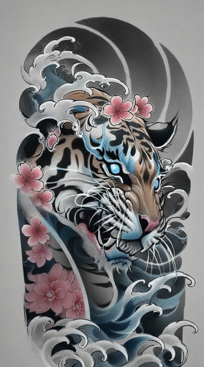 realistic tattoo art of Orange tiger with (((Blue eyes))) with pink sakura petal effect ,he is with open mouth looking very fierce and angry, the background is Japanese wave tattoo, (Unity 16K Wallpaper, masterpiece, Best Quality, high quality, Ultra-detailed, extremely details), a tattoo design, realistic tattoo art of Orange tiger with (((Blue eyes))) with pink sakura petal effect ,he is with open mouth looking very fierce and angry, the background is Japanese wave tattoo, realistic tattoo art of Orange tiger with (((Blue eyes)))