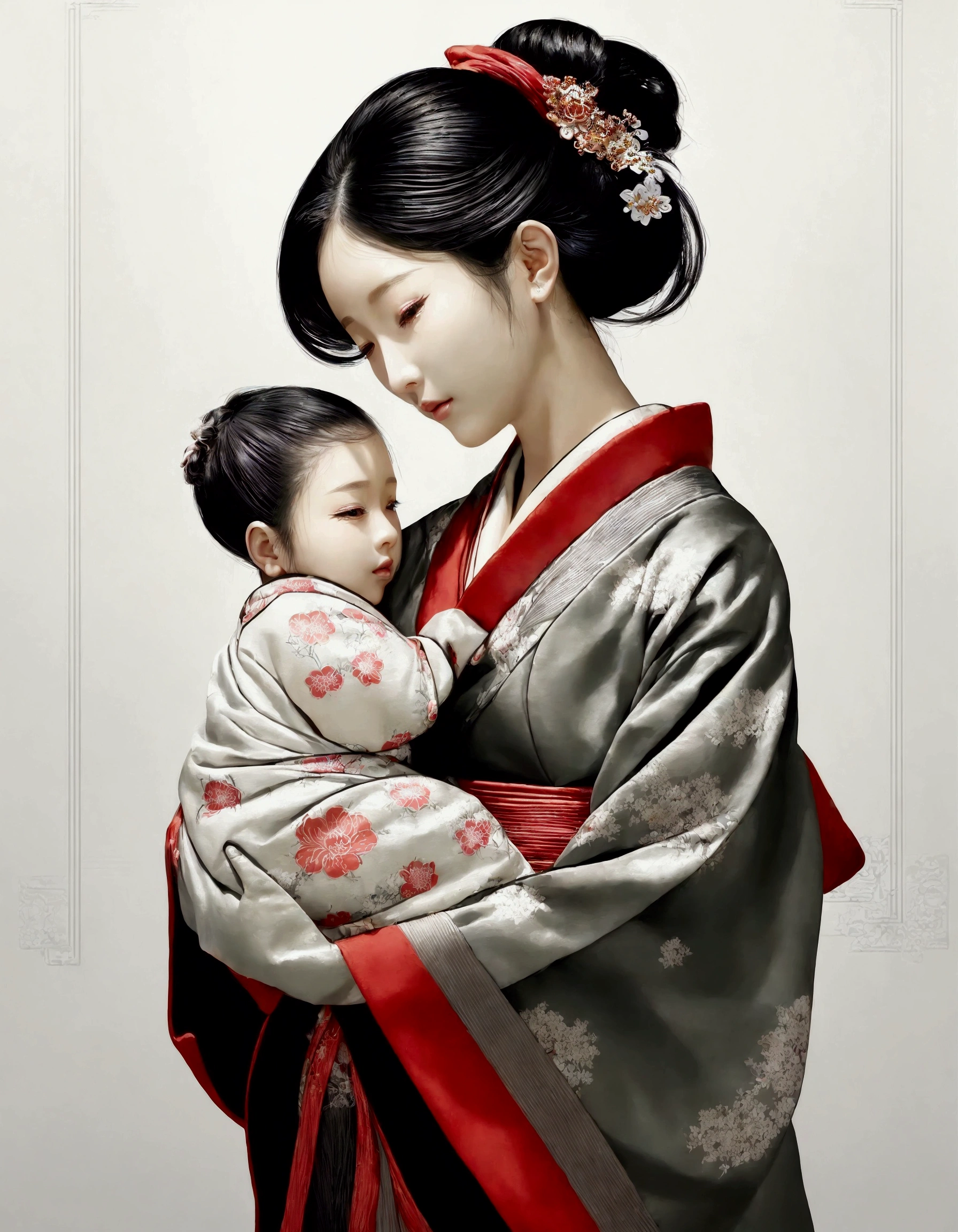 There is a woman holding a  in her arms, Beautiful digital artwork, a Beautiful artwork illustration, The art of Japan art, The art of Japan, Adorable digital painting, by Koson Ohara, Beautiful gorgeous digital art, The art of Japan style, Beautiful digital art, Gorgeous digital painting, Beautiful artwork, Beautiful digital illustrations, Beautiful digital painting, very Beautiful digital art, Exquisite digital illustrations