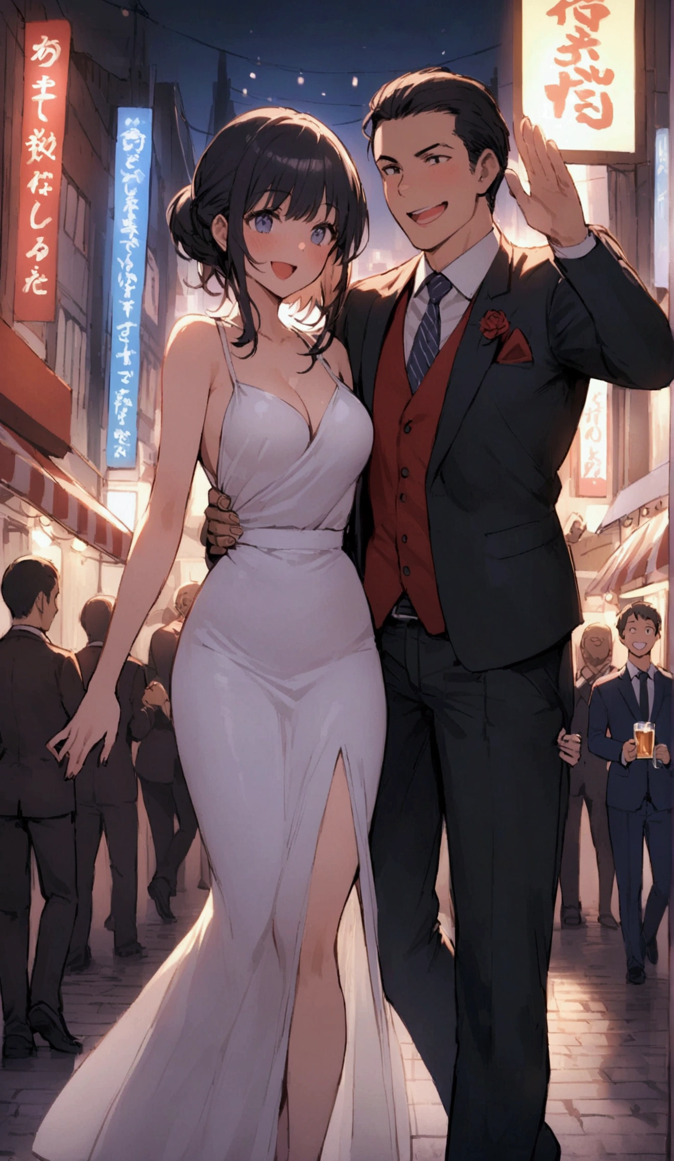 One Woman、One Man、beautiful girl、Beautiful Youth、Salaryman、OL、The man is in a suit、Woman in a suit、The woman is wearing a tight skirt、Downtown at night、The two of them walk arm in arm、Staggered foot、Being drunk、smile、The woman&#39;s clothes are open.、Large crowd