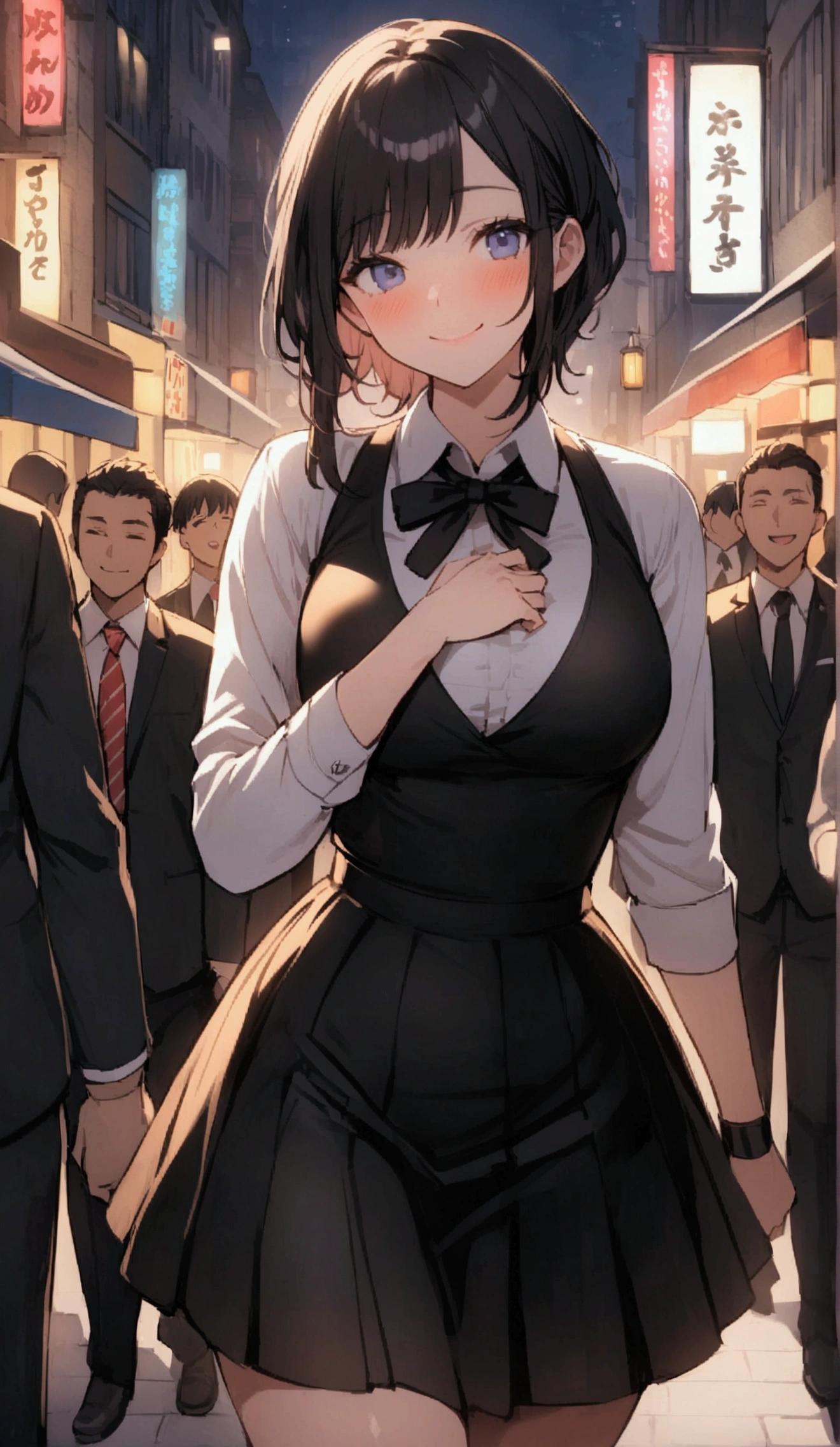 One Woman、One Man、beautiful girl、Beautiful Youth、Salaryman、OL、The man is in a suit、Woman in a suit、The woman is wearing a tight skirt、Downtown at night、The two of them walk arm in arm、Staggered foot、Being drunk、smile、The woman's clothes are open.、Large crowd