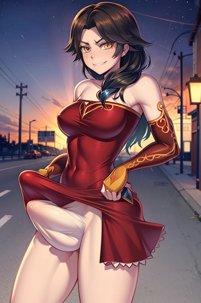 (masterpiece, best quality:1.2), cowboy shot, solo, 1girl, cinder fall, evil smile, looking at viewer, long hair, red dress, elbow gloves, on busy street, (cloth bulge:1.3),