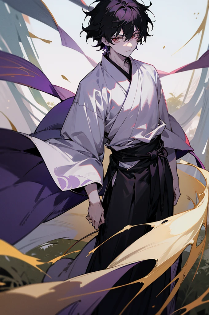 1male , black hair , gold eyes , messy hair , pale skin albino , white and black haori slightly short sleeves and long sleeves underneath , standing in forest background , facing viewer, somber expression ,Gojo Clothing , purple wrapped belt , lean build.