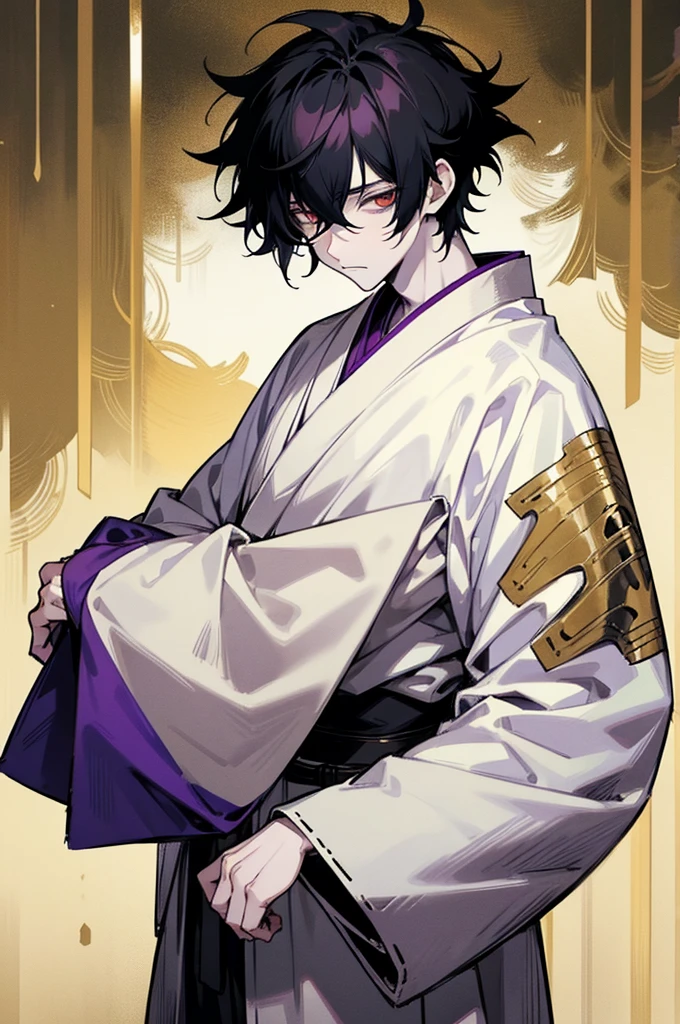 1male , black hair , gold eyes , messy hair , pale skin albino , white and black haori slightly short sleeves and long sleeves underneath , standing in forest background , facing viewer, somber expression ,Gojo Clothing , purple wrapped belt , lean build.