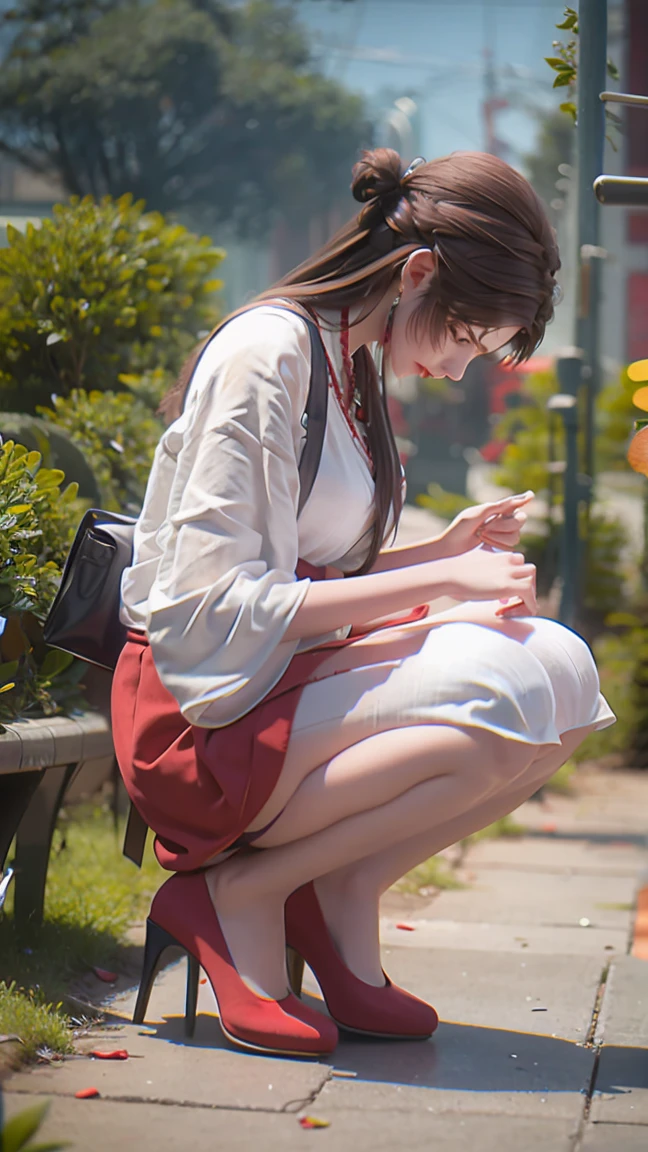 Wearing a red dress，Red high heels