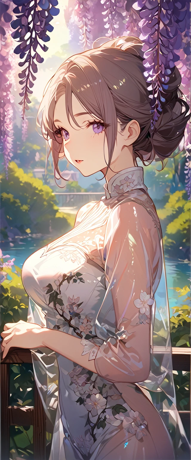 wisteria flower, wisteria tree, wisteria background, 8k ,4k , best quality, high quality, masterpiece, transparent clothes, embroidery  clothes, big chest, all kind of hairstyle, inspired by Asukaziye artist : ask, art style : ask