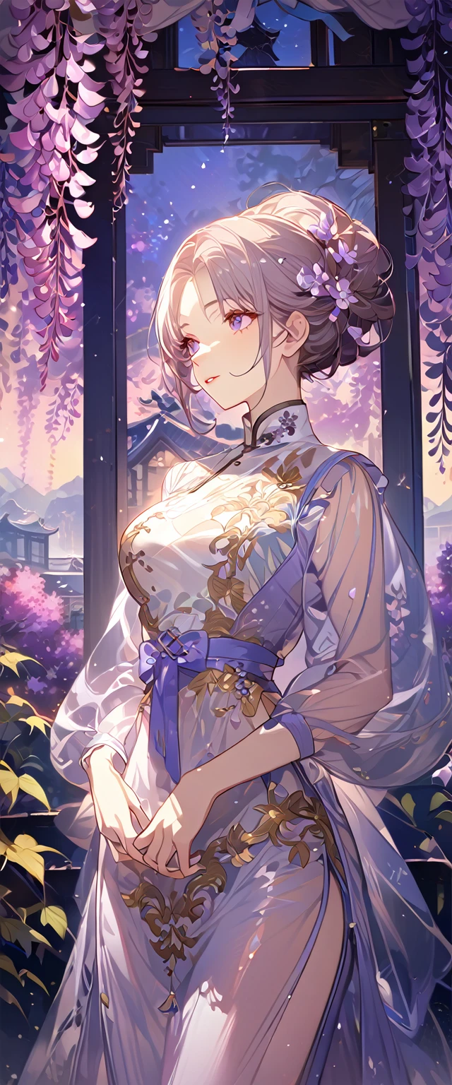 wisteria flower, wisteria tree, wisteria background, 8k ,4k , best quality, high quality, masterpiece, transparent clothes, embroidery  clothes, big chest, all kind of hairstyle, inspired by Asukaziye artist : ask, art style : ask