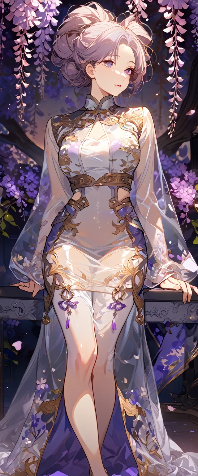 wisteria flower, wisteria tree, wisteria background, 8k ,4k , best quality, high quality, masterpiece, transparent clothes, embroidery clothes, big chest, all kind of hairstyle, inspired by Asukaziye artist : ask, art style : ask