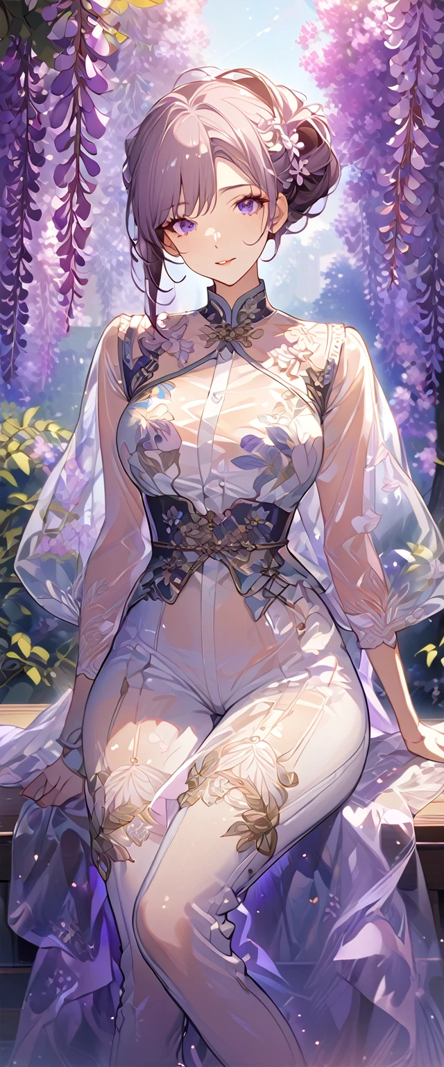 wisteria flower, wisteria tree, wisteria background, 8k ,4k , best quality, high quality, masterpiece, transparent clothes, embroidery clothes, big chest, all kind of hairstyle, inspired by Asukaziye artist : ask, art style : ask
