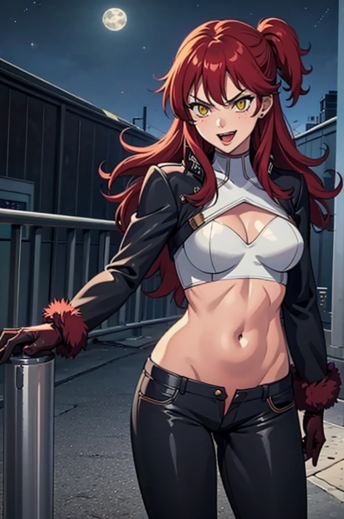 nena trinity, red hair, yellow eyes, gloves , outdoors, rooftop, cityscape, building, railing, night, night sky, scenery, moon, city lights, blush,
lipstick, jacket, masterpiece,high quality,4k, bare shoulder,belly,crop top,outdoor,cleavage,jeans,casual
dress,street,road,smile, open mouth, (nsfw) not safe for work, holding a gun,handgun, evil expression,
exposed belly, exposed navel, exposed midriff, exposed lower belly, crop top overhang, underboob,
unbuttoned jeans , low rise black jeans, Low rise jeans, Low rise jeans with open fly, navel piercing