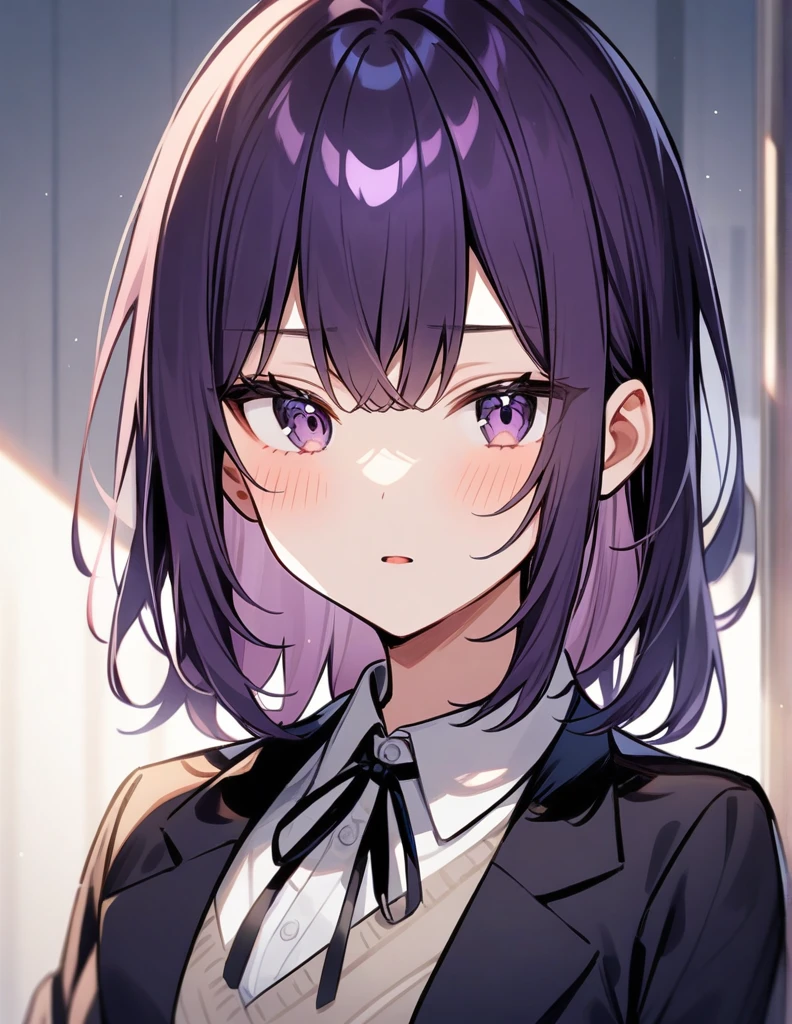 Dark purple hair、Dark Eyes、One girl, wearing a blazer、