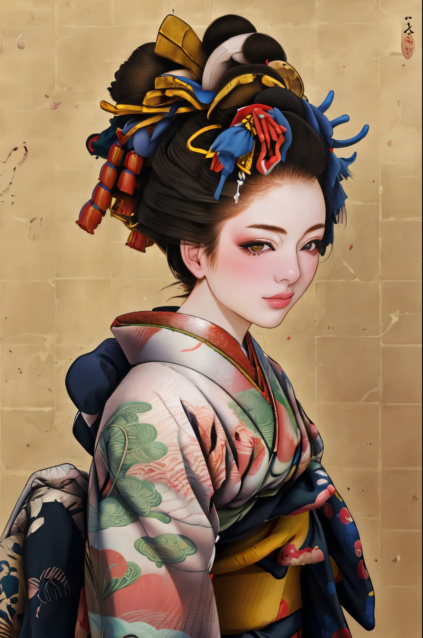 1 Girl, alone, Oiran, Maiko, country, Looking at the audience, short hair, Brown eyes, Brown Hair, Black Hair, hair ornaments, Upper Body, kimono, Blunt bangs, kimono, sash, Compensate, Bob cut hair,