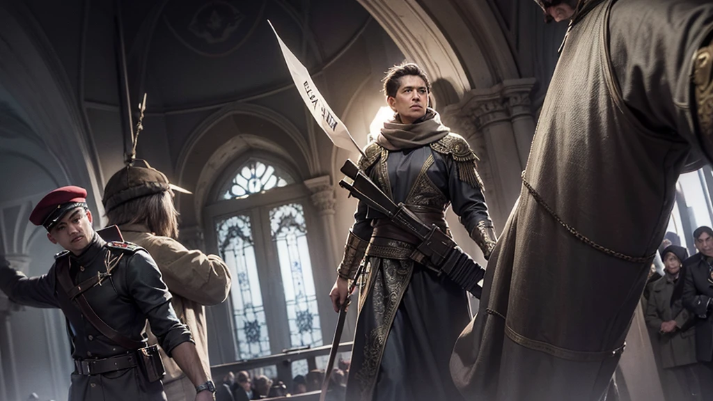 "Christians being persecuted, showing courage and faith, while facing soldiers and prisons."