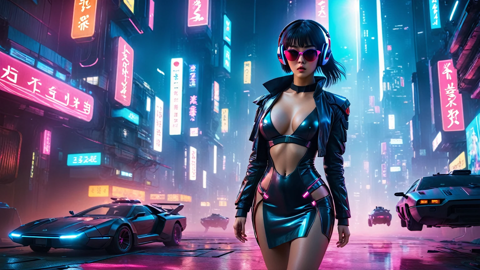 aerial view, at night, A vast cyberpunk landscape set in Korea with ((flying cars)) and neon lights, in shades of pink, blue and red, in the style of Blade Runner and Ghost In The Shell. (((((1girl, solo, alone))))), large-breast:1.2 slim body, cleavage:1.1, sexy miniskirt, ((((headphone, black sunglasses, standing and holding pistol pose)))), (((half-body thigh level medium shot))), cinematic lighting, lens flare, ray tracing.