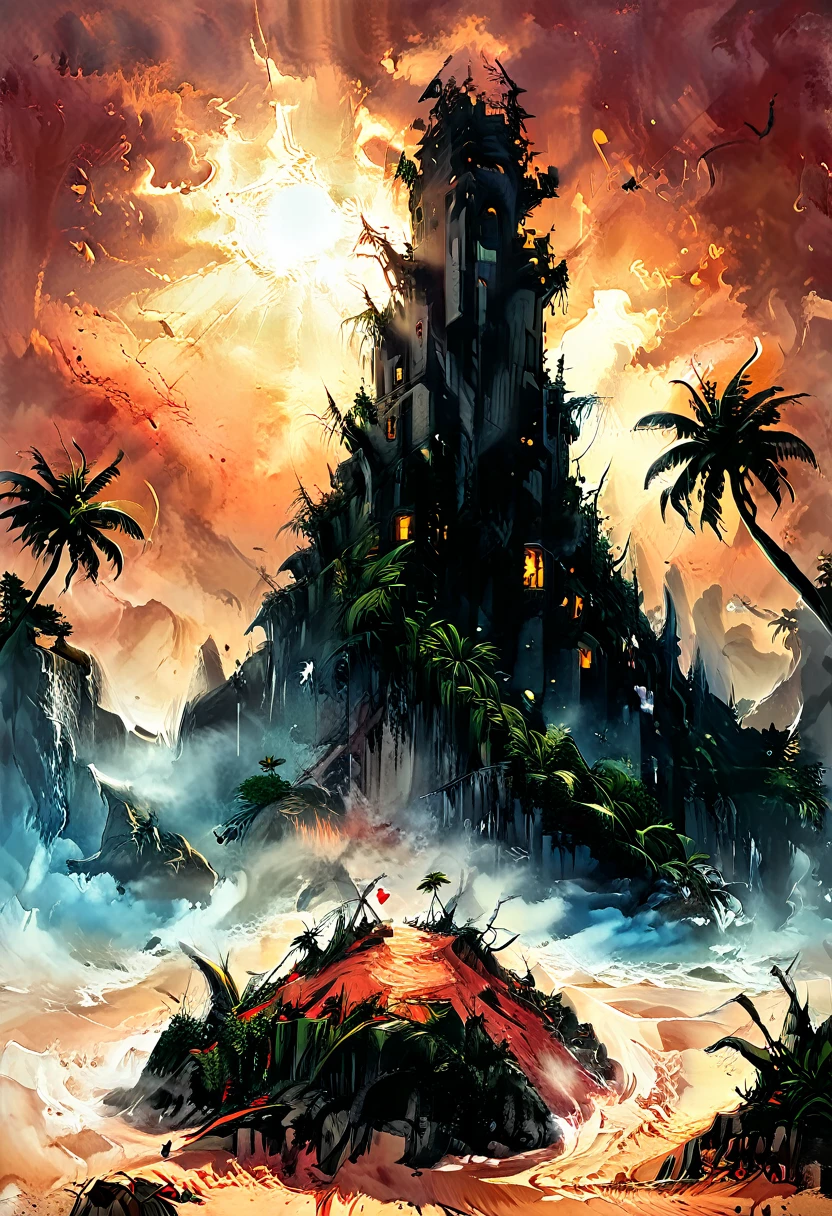 Arafed, an award winning digital painting, National Geographic digital painting of an (island: 1.3) of mystery, an island of enigma, an island of secrecy, there some palm trees, white and red sand, some mist surrounds the island, it is the time between the night an day, the sun is in the horizon and some stars are still in the sky, the ruins of ancient tower are visible, veins crawling on it, dynamic angle, Ultra-high resolution, High Contrast, (masterpiece:1.5), highest quality, Best aesthetics), 16K fantasy art, best details, best quality, highres, ultra wide angle, 16k, [ultra detailed], masterpiece, best quality, (extremely detailed), ladyshadowת digital painting