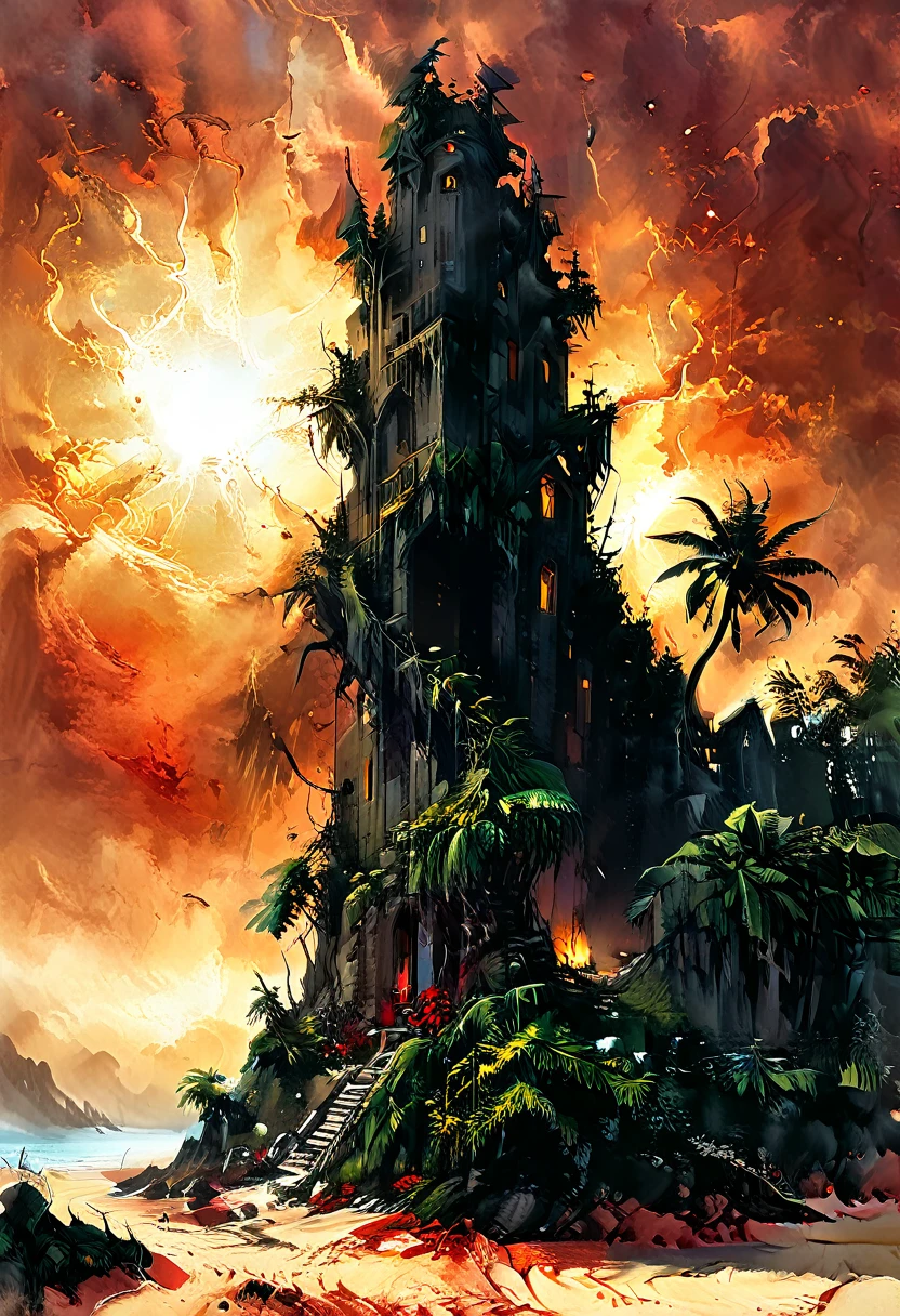 Arafed, an award winning digital painting, National Geographic digital painting of an (island: 1.3) of mystery, an island of enigma, an island of secrecy, there some palm trees, white and red sand, some mist surrounds the island, it is the time between the night an day, the sun is in the horizon and some stars are still in the sky, the ruins of ancient tower are visible, veins crawling on it, dynamic angle, Ultra-high resolution, High Contrast, (masterpiece:1.5), highest quality, Best aesthetics), 16K fantasy art, best details, best quality, highres, ultra wide angle, 16k, [ultra detailed], masterpiece, best quality, (extremely detailed), ladyshadowת digital painting