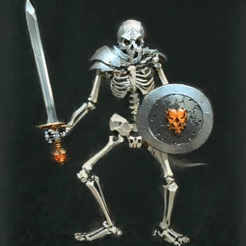 a close up of a skeleton holding a sword and shield, skeleton warrior, skeleton knight, , undead skeleton, black skeleton sword guard, ( ( ( skeleton ) ) )Kobold skeleton,(((Similar to a dog、Skull))),Black background