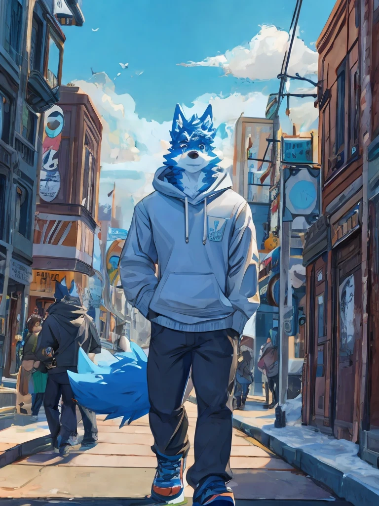 Muscular body, Dark black fur, Standing on the street, Snack Street Background,head tilted to one side,Beautiful blue sky and white clouds，People coming and going , Wearing a gray sweatshirt, Wolf furry character