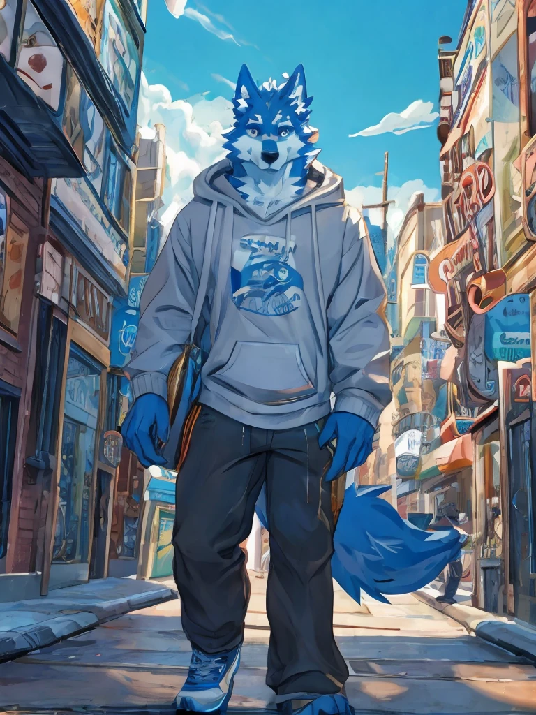 Muscular body, Dark black fur, Standing on the street, Snack Street Background,head tilted to one side,Beautiful blue sky and white clouds，People coming and going , Wearing a gray sweatshirt, Wolf furry character
