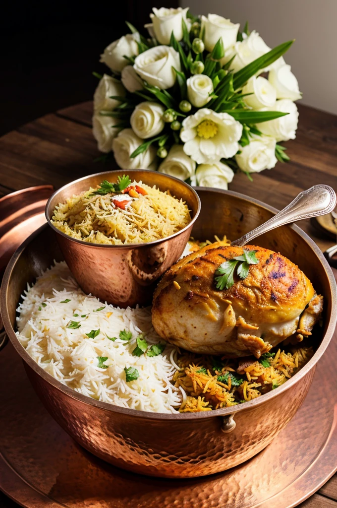 Biryani in a copper bowl with one leg piece placed on top, like chicken leg piece looks at top from outside