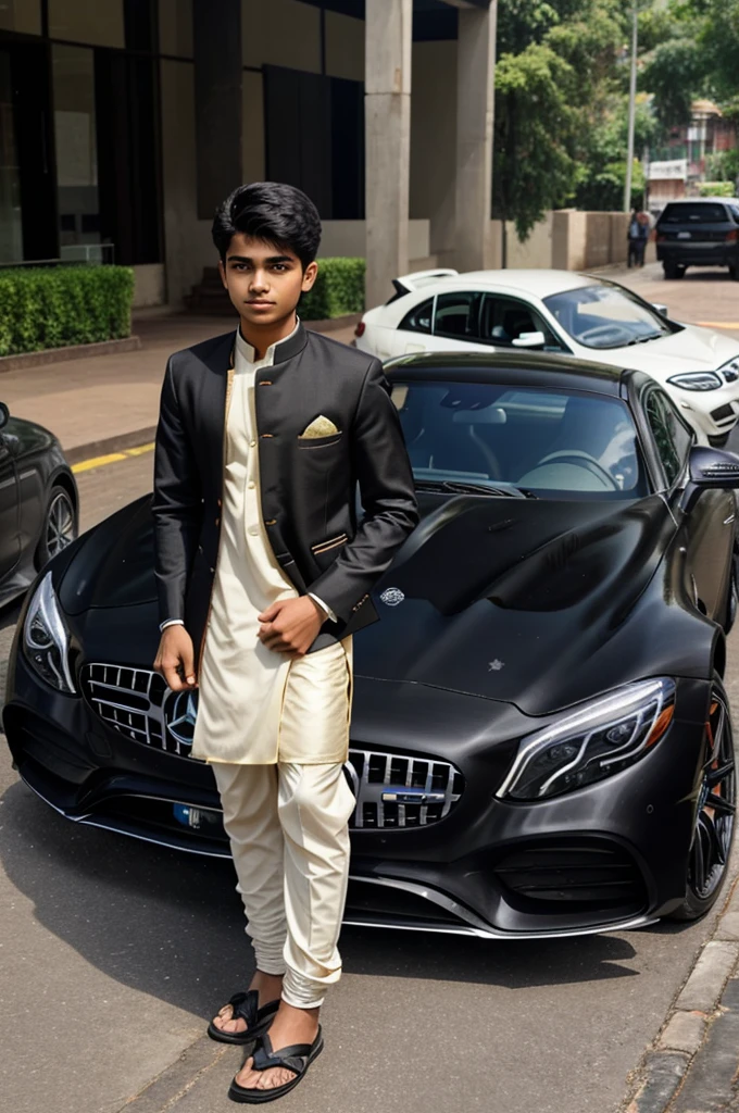 Generate a photo where A 17 year old male with traditional Muslim clothes  Indian Boy standing in front of Mercedes Amg cle53 car at Kolkata biswabangal 