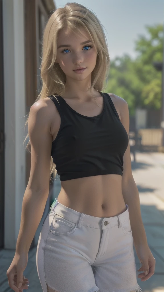 nsfw:1.5, Top quality, masterpiece, ultra high resolution, , (top quality, high resolution, 4K, detailed lighting, shaders, perfect anatomy, perfect proportions), eye of the beholder, (masterpiece, top quality) (top quality, 4K, 8K, high resolution, masterpiece: 1.2), highly detailed, (masterpiece: 1.3, top quality, ultra high resolution, ultra detailed), (top quality: 1.2), perfect eyes, perfect face, (top quality, 4K, 8K, high resolution, masterpiece: 1.2), highly detailed, (top quality, 4K, 8K, high resolution, masterpiece: 1.5), highly detailed, masterpiece, top quality, ultra detailed, top quality, high resolution, 32K CG, very delicate and beautiful, illustration, high resolution, sharp focus, girl 1 person, very beautiful and detailed anime face, very detailed eyes, ((masterpiece)), ((best quality)), (super detailed), ((cute)), cute, ((very detailed)), 4K, (8K), best quality, (best quality, 8K, 32k, masterpiece, super high resolution, very detailed, impressionistic:1.2), blurred background, (two arms) , (two legs), (four fingers and 1 thumb) , only one belly button, Bare shoulders.
(((Beautiful American girl))), (profile:0.5), (((blonde))), ((blue eyes)), ((straight medium-long hair)), ((bangs parted in the center to show her forehead)), (((tanned skin))), ((((black sleeveless tank top)))), break((white hot pants)), white sneakers, ((walking))