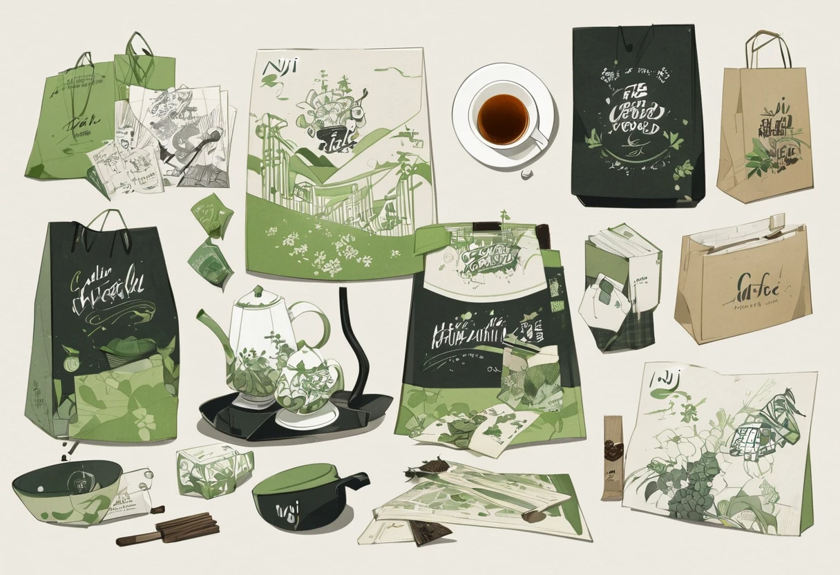 A set of tea sets for casual relaxation with illustrations,calligraphic fonts with green tones,coffee bags,paper bags,prints and accessories,with the theme of the harvest world,clean light gray background,(niji:2),hand-drawn,illustration style