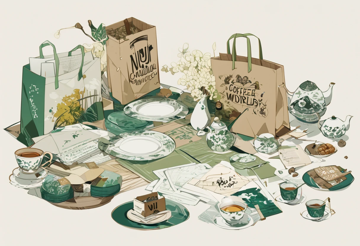 A set of tea sets for casual relaxation with illustrations,calligraphic fonts with green tones,coffee bags,paper bags,prints and accessories,with the theme of the harvest world,clean light gray background,(niji:2),hand-drawn,illustration style,