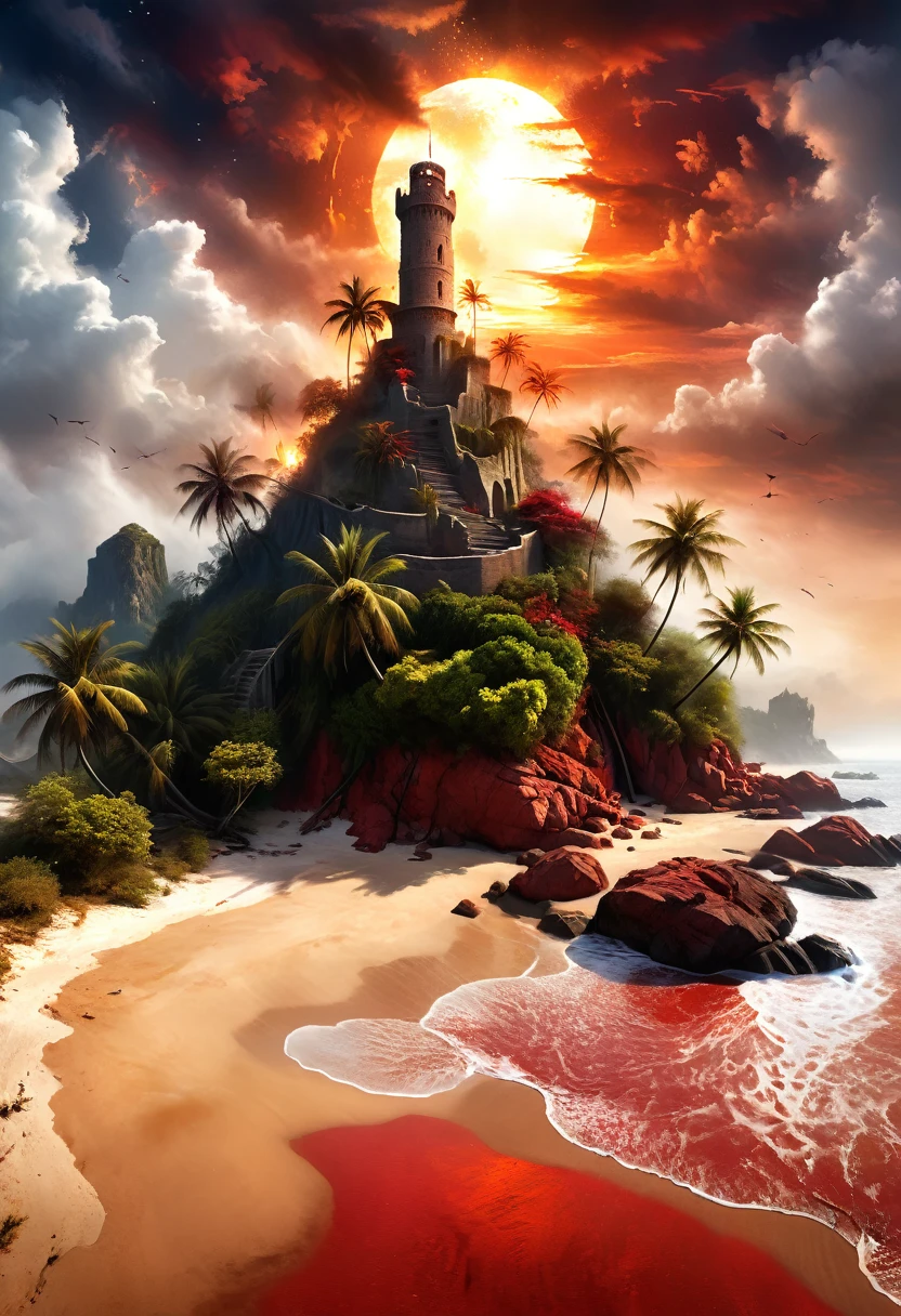 rafed, an oil painting of an island of mystery, an island of enigma, an island of secrecy, there some palm trees, white and red sand, some mist surrounds the island, it is the time between the night an day, the sun is in the horizon and some stars are still in the sky, the ruins of ancient tower are visible, veins crawling on it, dynamic angle, Ultra-high resolution, High Contrast, (masterpiece:1.5), highest quality, Best aesthetics), 16K fantasy art, best details, best quality, highres, ultra wide angle, 16k, [ultra detailed], masterpiece, best quality, (extremely detailed), 