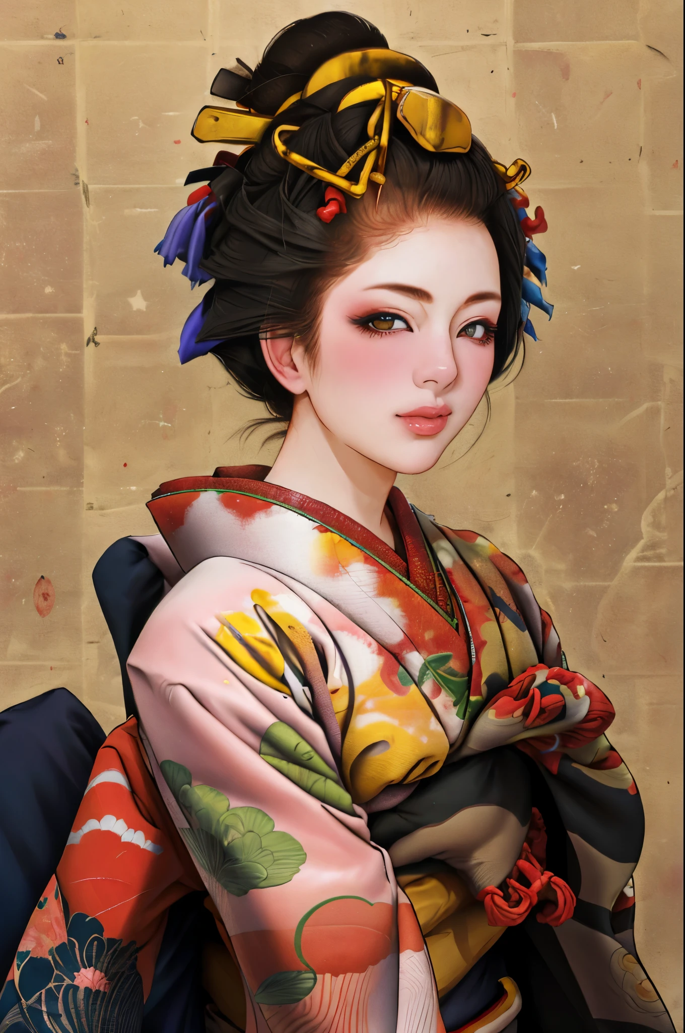 1 Girl, alone, Oiran, Maiko, country, Looking at the audience, short hair, Brown eyes, Brown Hair, Black Hair, hair ornaments, Upper Body, kimono, Blunt bangs, kimono, sash, Compensate, Bob cut hair,