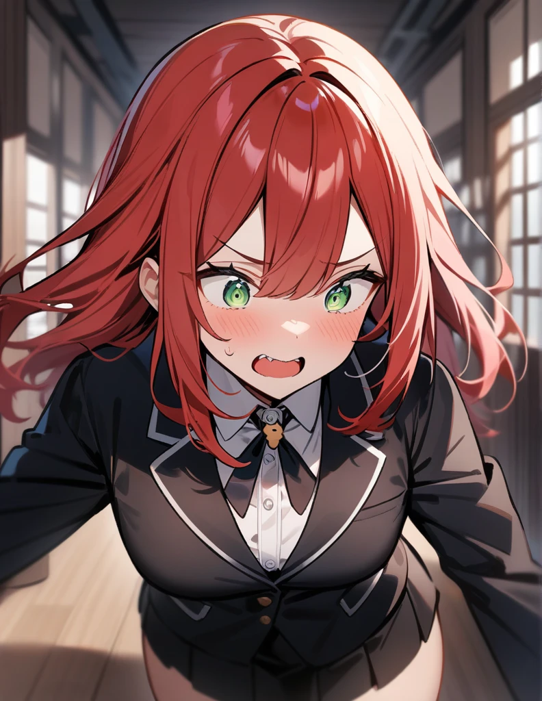 One girl, masterpiece, One knot,bright red hair,Dog Pin,wearing a blazer,Green Eyes,Double teeth,Drooping eyes,