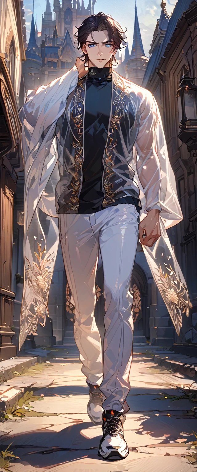 masterpiece, best quality, 8k ,4k ,solo, male, short dark blue reddish hair, black sleeveless turtle neck shirt, transparent robe hanging by the shoulder, transparent embroidery robes, white jogger pants, Walking, Manly pose, muscle arms, plain black armband, bangs, blue reddish eyes, pale skin, sharp look, Sharp eyes, Morning walk, Castle Hall Background, high quality, extremely detailed, finely detailed eyes and detailed face, slender body, inspired by Asukaziye artist : ask, art style : ask