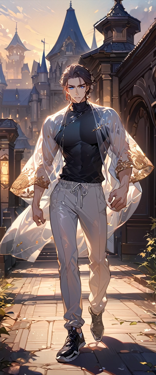 masterpiece, best quality, 8k ,4k ,solo, male, short dark blue reddish hair, black sleeveless turtle neck shirt, transparent robe hanging by the shoulder, transparent embroidery robes, white jogger pants, Walking, Manly pose, muscle arms, plain black armband, bangs, blue reddish eyes, pale skin, sharp look, Sharp eyes, Morning walk, Castle Hall Background, high quality, extremely detailed, finely detailed eyes and detailed face, slender body, inspired by Asukaziye artist : ask, art style : ask