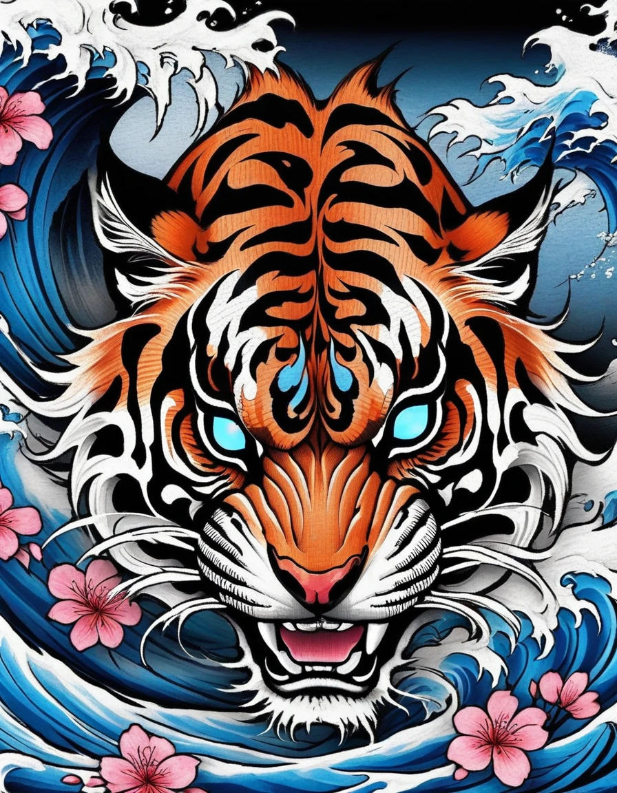 realistic tattoo art of Orange tiger with (((Blue eyes))) with pink sakura petal effect ,he is with open mouth looking very fierce and angry, the background is Japanese wave tattoo, (Unity 16K Wallpaper, masterpiece, Best Quality, high quality, Ultra-detailed, extremely details), a tattoo design, realistic tattoo art of Orange tiger with (((Blue eyes))) with pink sakura petal effect ,he is with open mouth looking very fierce and angry, the background is Japanese wave tattoo,