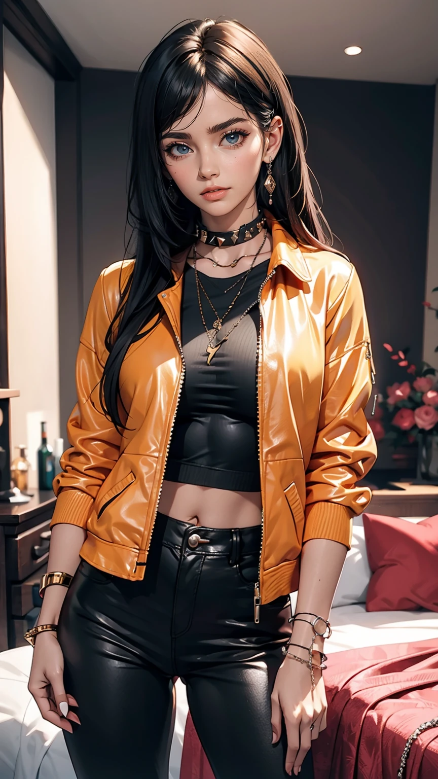 mouth, One girl, alone, In a messy room, guitar, 、Spiked Collar、24 year old Caucasian female、Sexy proportions、Punk rock fashion、Black Shirt、Leather jacket、Leather leggings、Flashy makeup、long hair、rosary necklace、rosary earrings、Put a spiked bracelet on your wrist