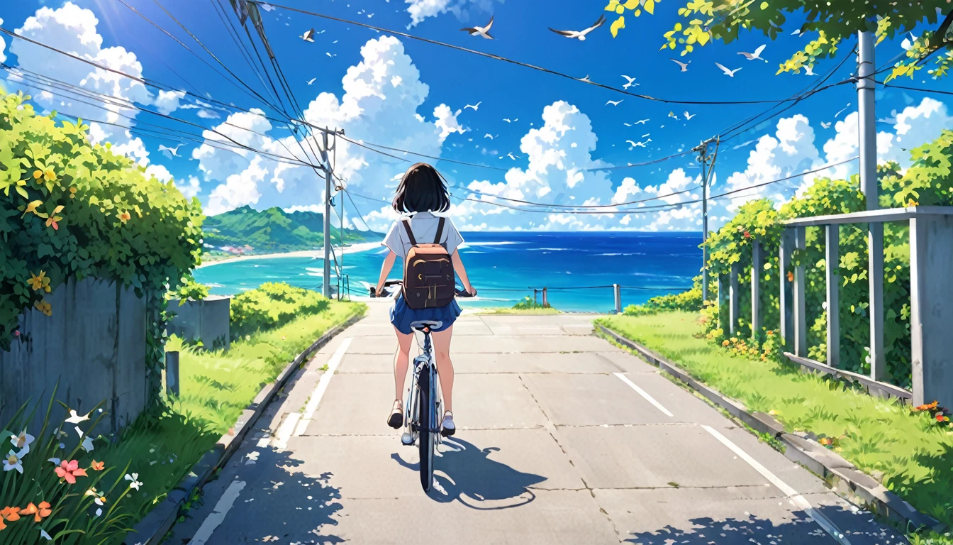 Highest quality、detailed、For more information、beautifully、Anime Scenery、summer、countryside、Long concrete road、A little overgrown grass、electric wire、electric wire、重なったelectric wire、sunny、sunny、summer、Large entrance clouds、You can see the sea in the background、beautiful海、Birds are flying、A girl is riding a bicycle alone、The girl has black hair_short hair、Aloha short sleeve、Back view、can'I can't see your face、speed、Emotional、Attractive landscape painting、bright、Shadow、beautiful